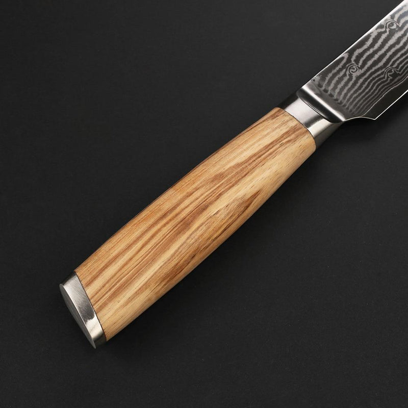 Set di 3 coltelli da cucina <br>Lama damasco <br>Manico in legno naturale