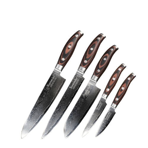Set di 5 coltelli da cucina <br>Lama damasco <br>Manico in profilo di legno
