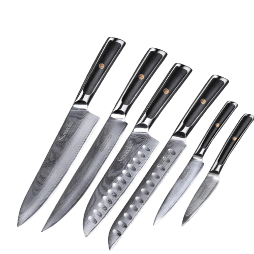 Set di 6 coltelli da cucina <br>Lama damasco <br>Manico in G10 e metallo