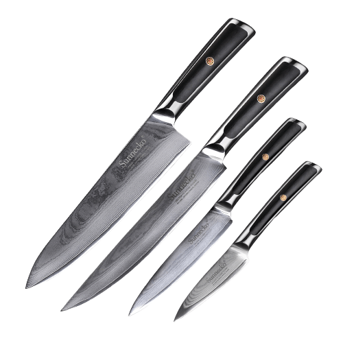 Set di 4 coltelli da cucina <br>Lama damasco <br>Manico in G10 e metallo