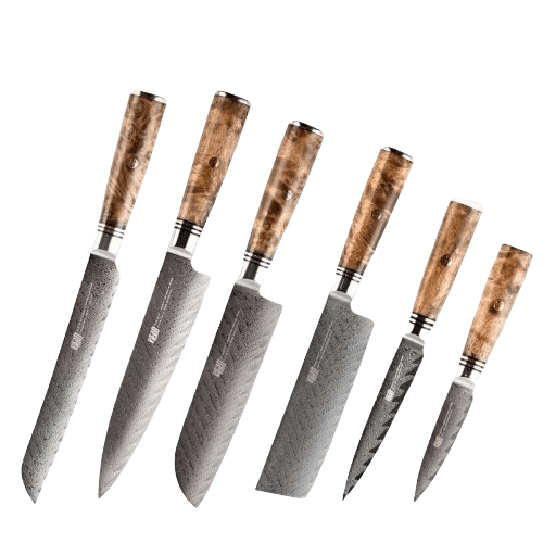 Set di 6 coltelli giapponesi <br>Lama Damasco </br>Manico in sapele