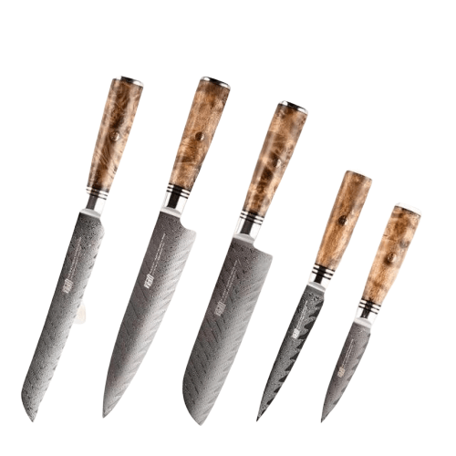 Set di 5 coltelli giapponesi <br>Lama Damasco </br>Manico in legno di sapele