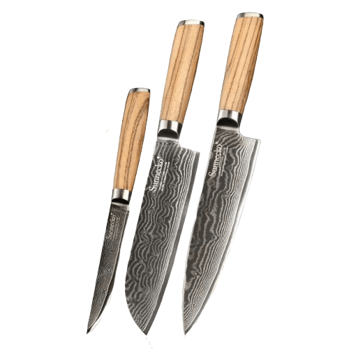 Set di 3 coltelli da cucina <br>Lama damasco <br>Manico in legno naturale