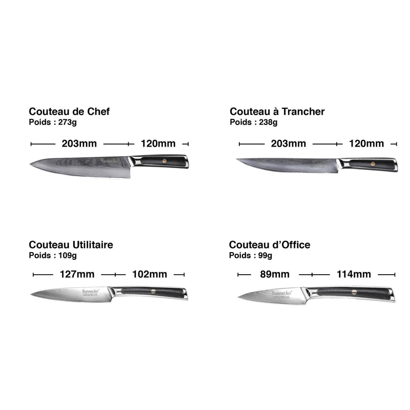 Set di 4 coltelli da cucina <br>Lama damasco <br>Manico in G10 e metallo