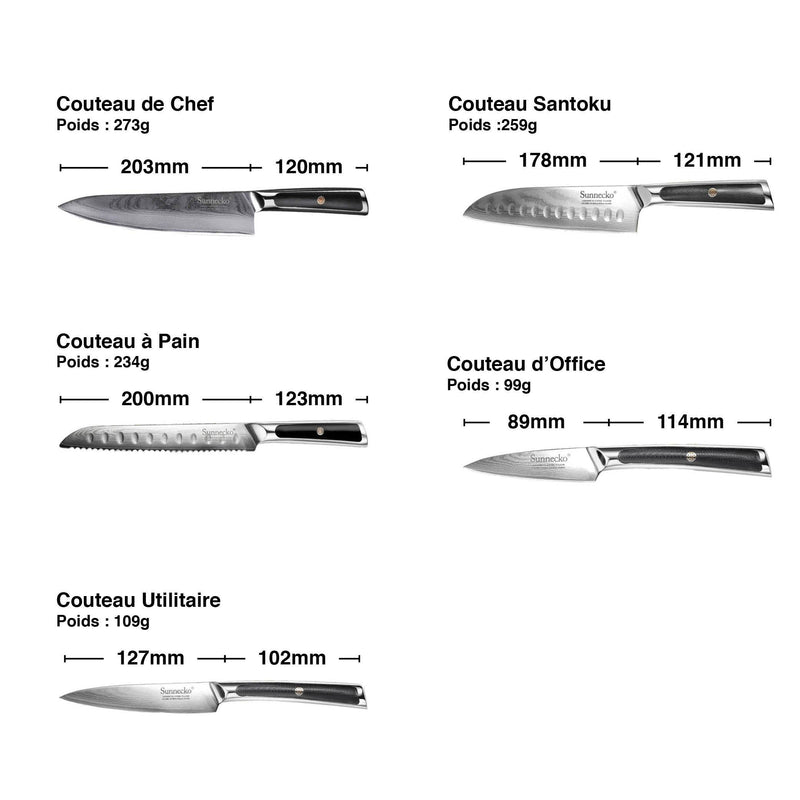 Set di 5 coltelli da cucina <br>Lama damasco <br>Manico in G10 e metallo