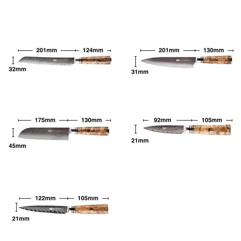 Set di 5 coltelli giapponesi <br>Lama Damasco </br>Manico in legno di sapele